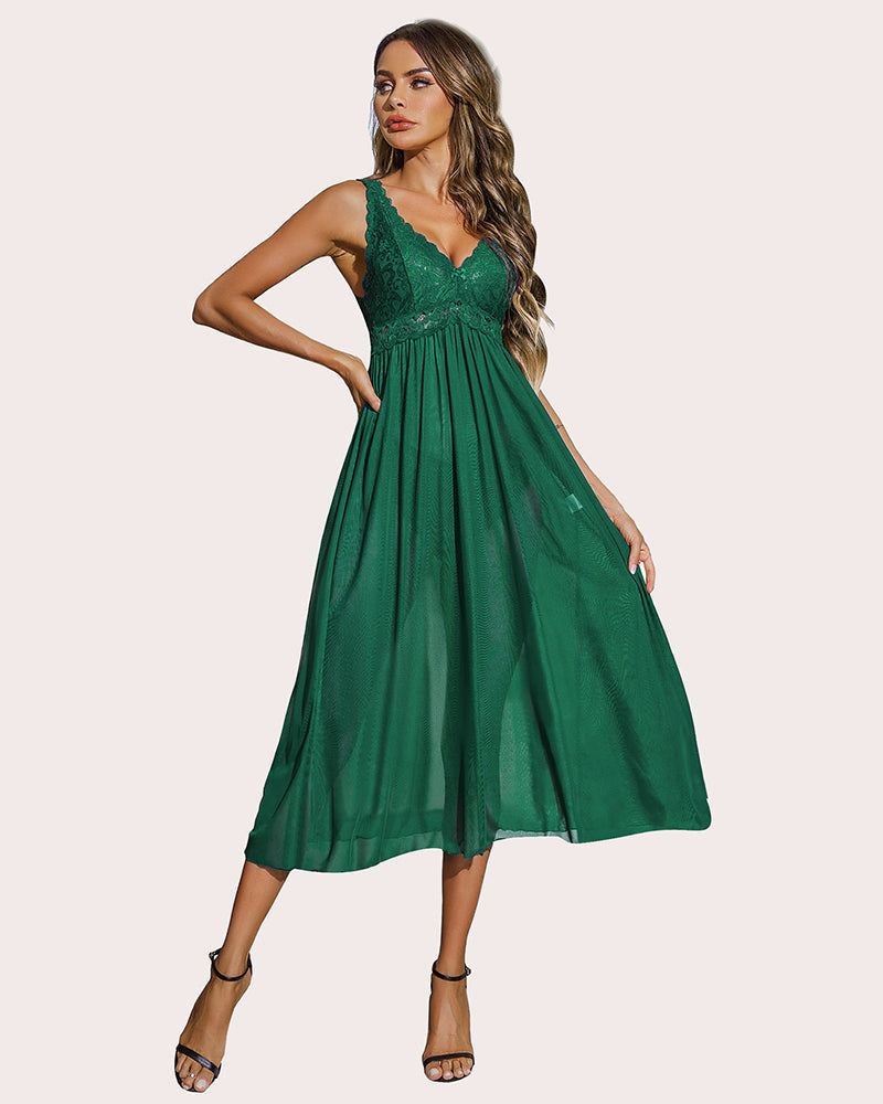 Green lace mesh V-neck chemise with gathered waist and flared mid-length skirt.