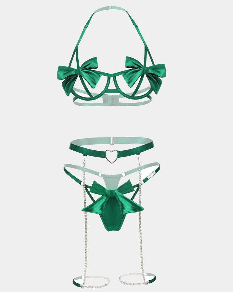 Green bow bra and panty sleepwear set with bow details and heart choker strap