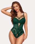 Floral lace harness bodysuit in dark green lace with crisscross straps and keyhole