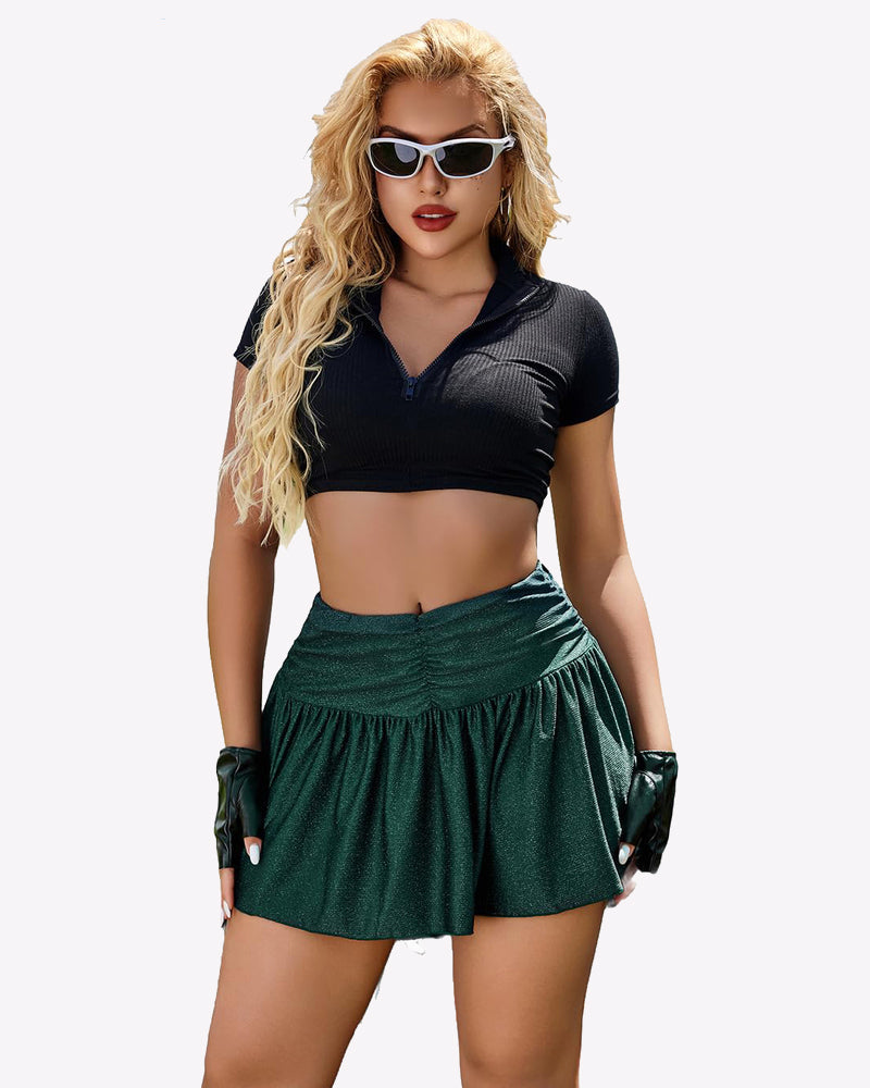 Glitter ruffle mini skirt with gathered waist and flared hem, deep green