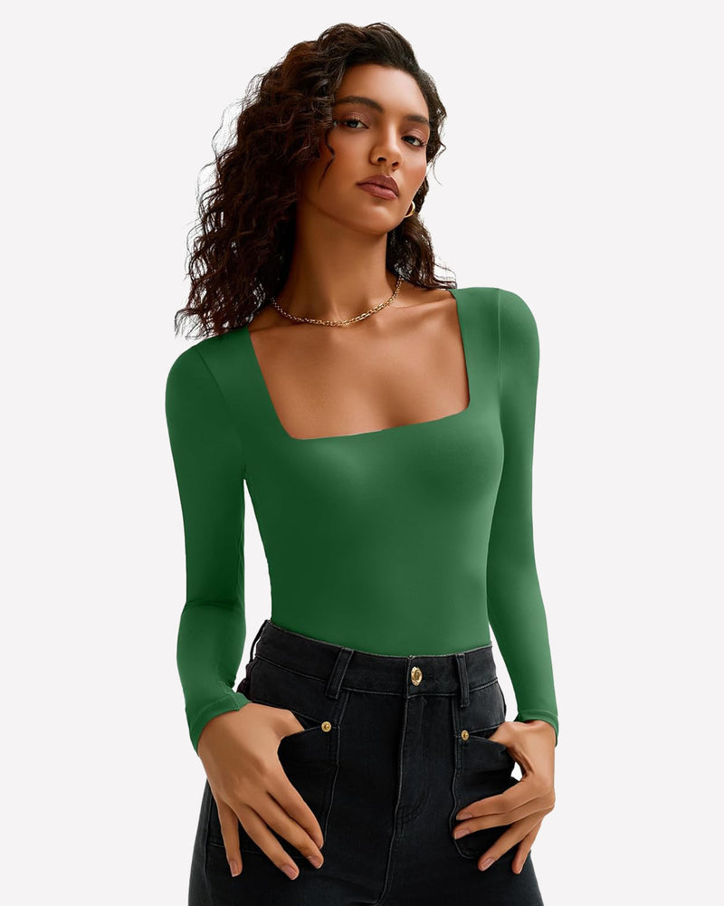 Double-lined square-neck bodysuit in green, front view with long sleeves