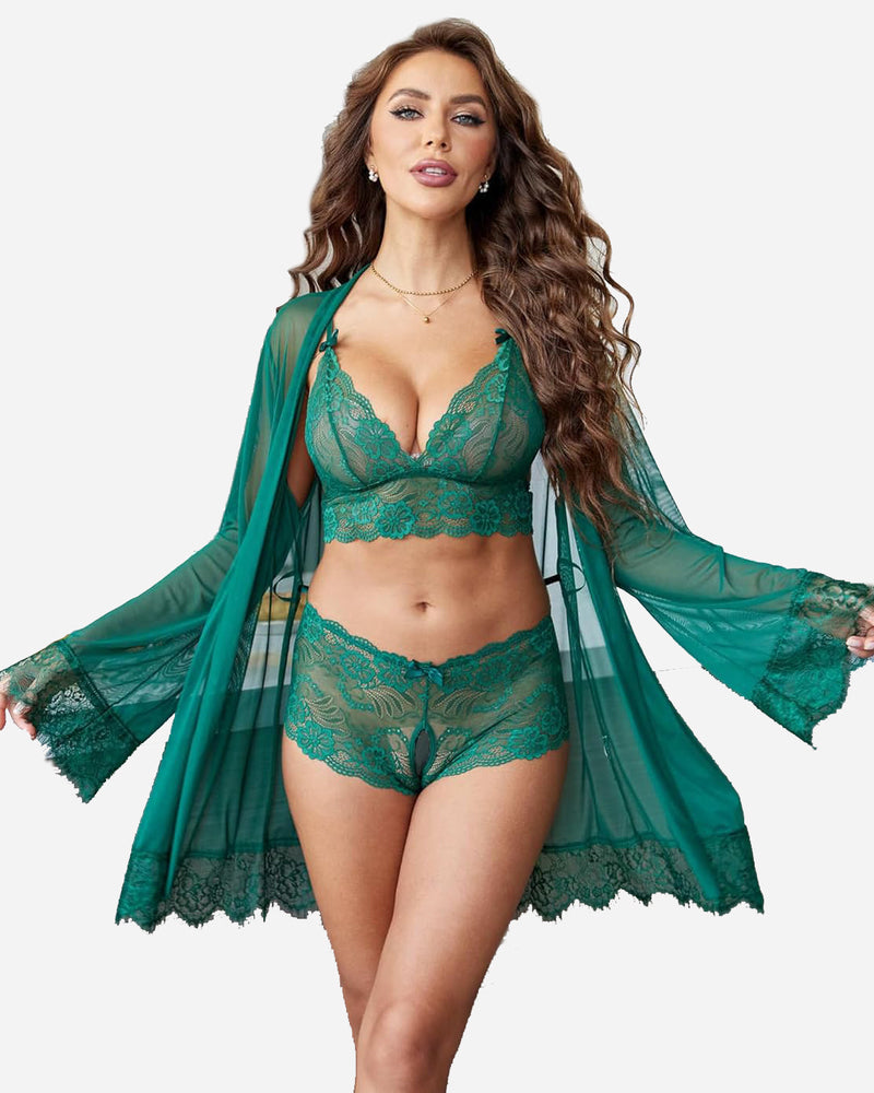 Green lace bralette and panty set under sheer kimono robe with scalloped trim