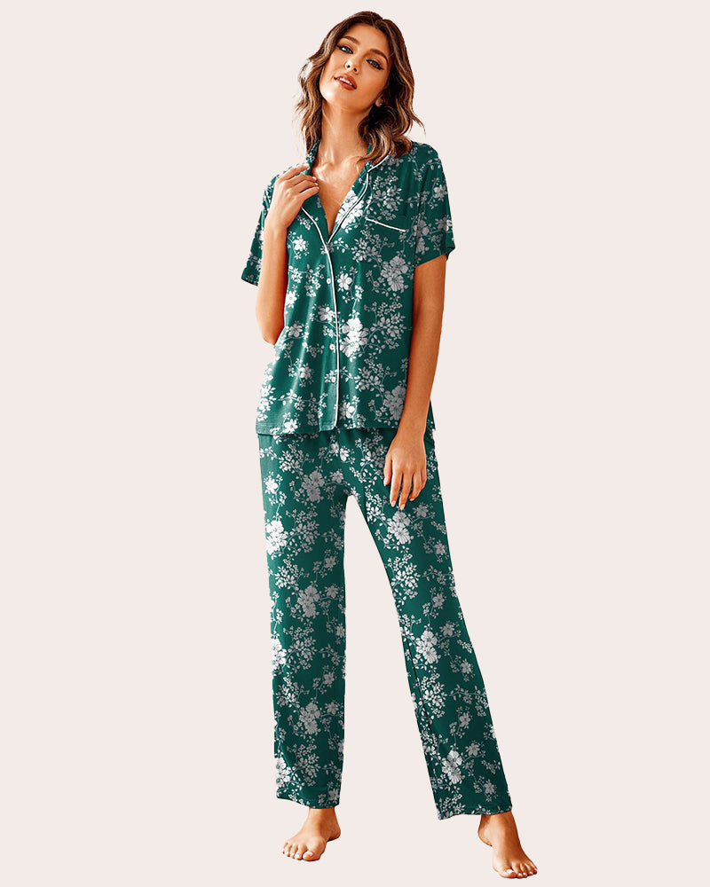 Notch collar soft pajama set in dark green floral print, short-sleeve top and matching long pants