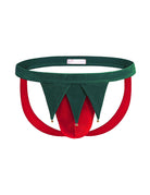 Dark green and red low-rise men's thong with bell charms and triangle front panels