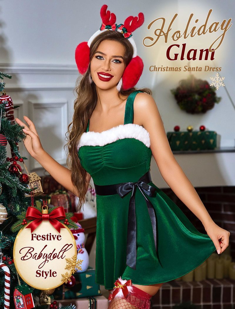 Green velvet Christmas babydoll dress with square neckline, white trim, straps, and black waist sash