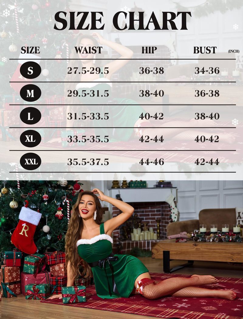 Green velvet Christmas babydoll dress with white neckline trim and black sash, shown with size chart