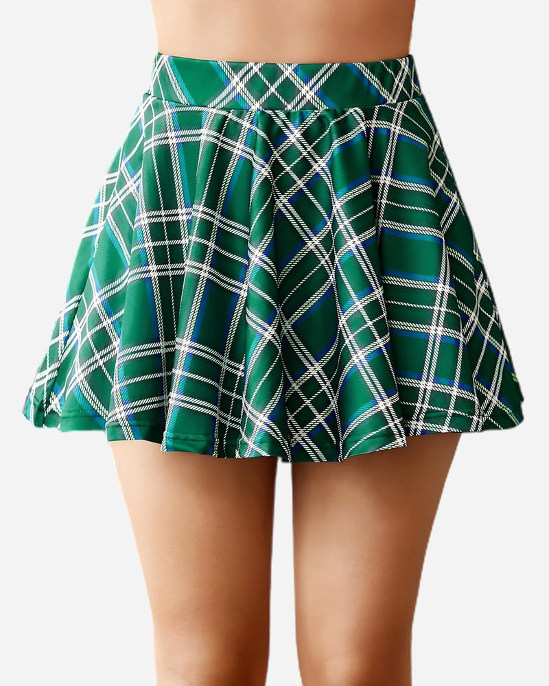 High-waist A-line plaid mini skirt in green with white and blue grid lines.