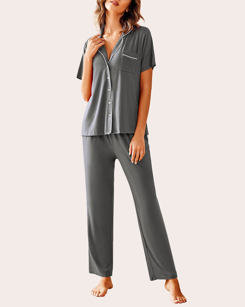 Notch collar soft pajama set in gray solid, short-sleeve top and loose long pants