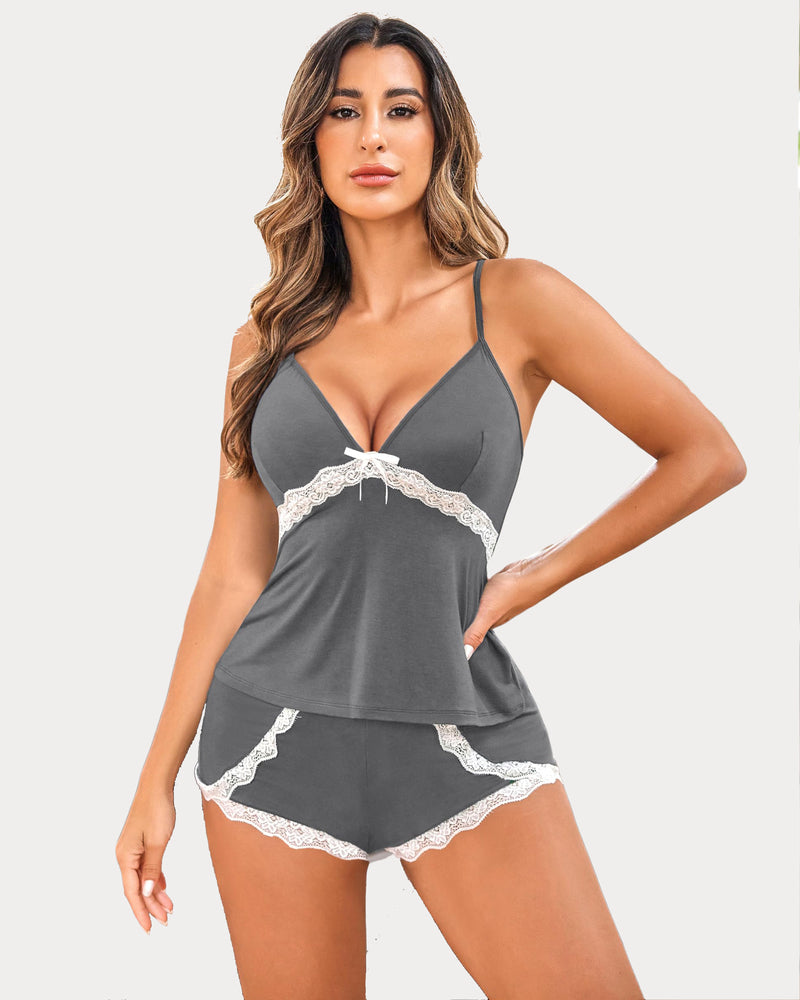 Dark gray modal cami pajama top and matching lace-trim shorts set