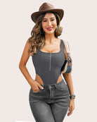 Dark gray sleeveless high-cut zip leotard bodysuit with front zipper and square neckline
