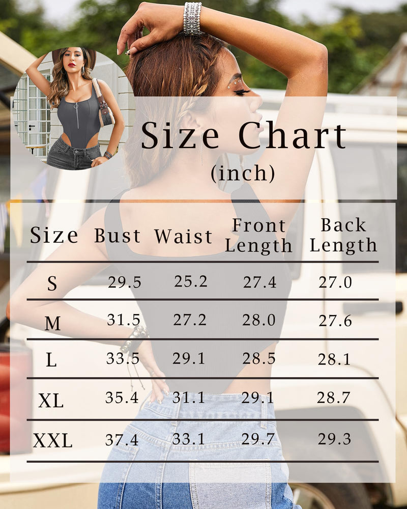 High-cut zip leotard size chart showing bust, waist, front and back length in inches