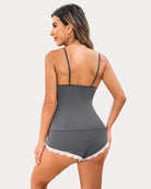 Modal pajama cami and shorts set in dark gray with lace-trimmed shorts hem