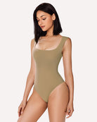 Soft square-neck shapewear bodysuit in olive khaki green, sleeveless