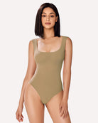 Square-neck shapewear bodysuit in olive khaki green, full front view