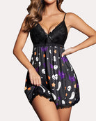 Black lace V-neck babydoll nightgown with purple ghost print and gathered skirt.