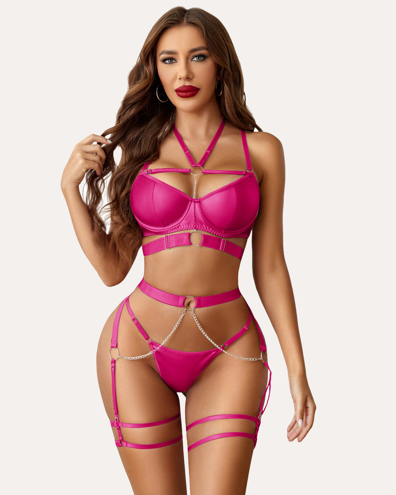 Pink push-up bra set with chain, sheer mesh garter straps and matching briefs