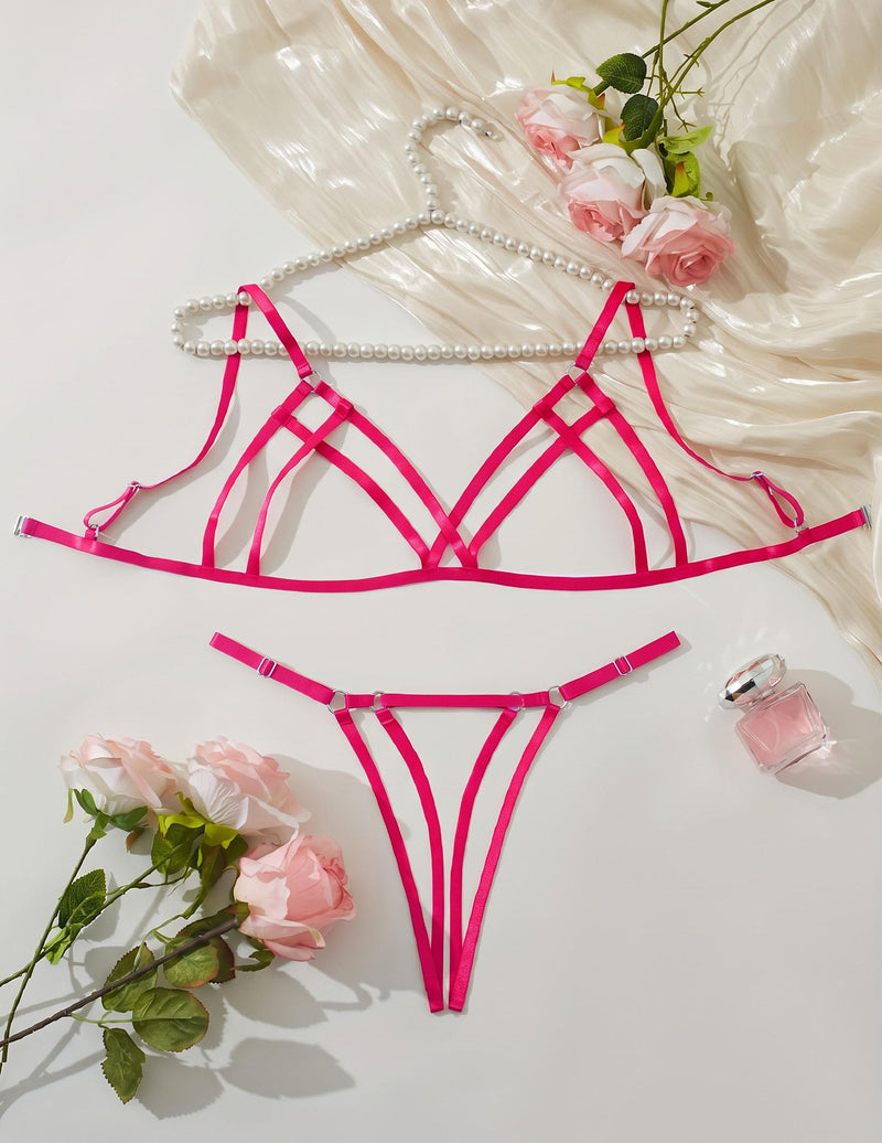 Hot pink strappy bra and thong set with criss-cross cup details