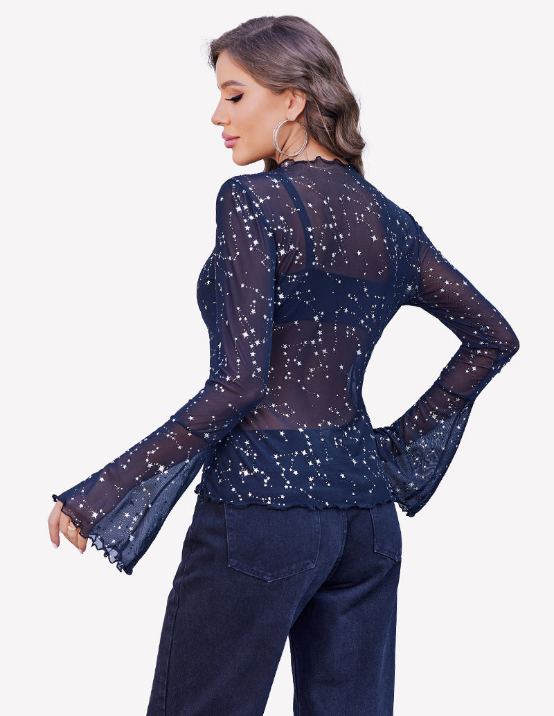 Navy mesh long bell-sleeve top with star print, back view