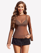 Brown mesh long bell-sleeve top with V neckline and scalloped hem