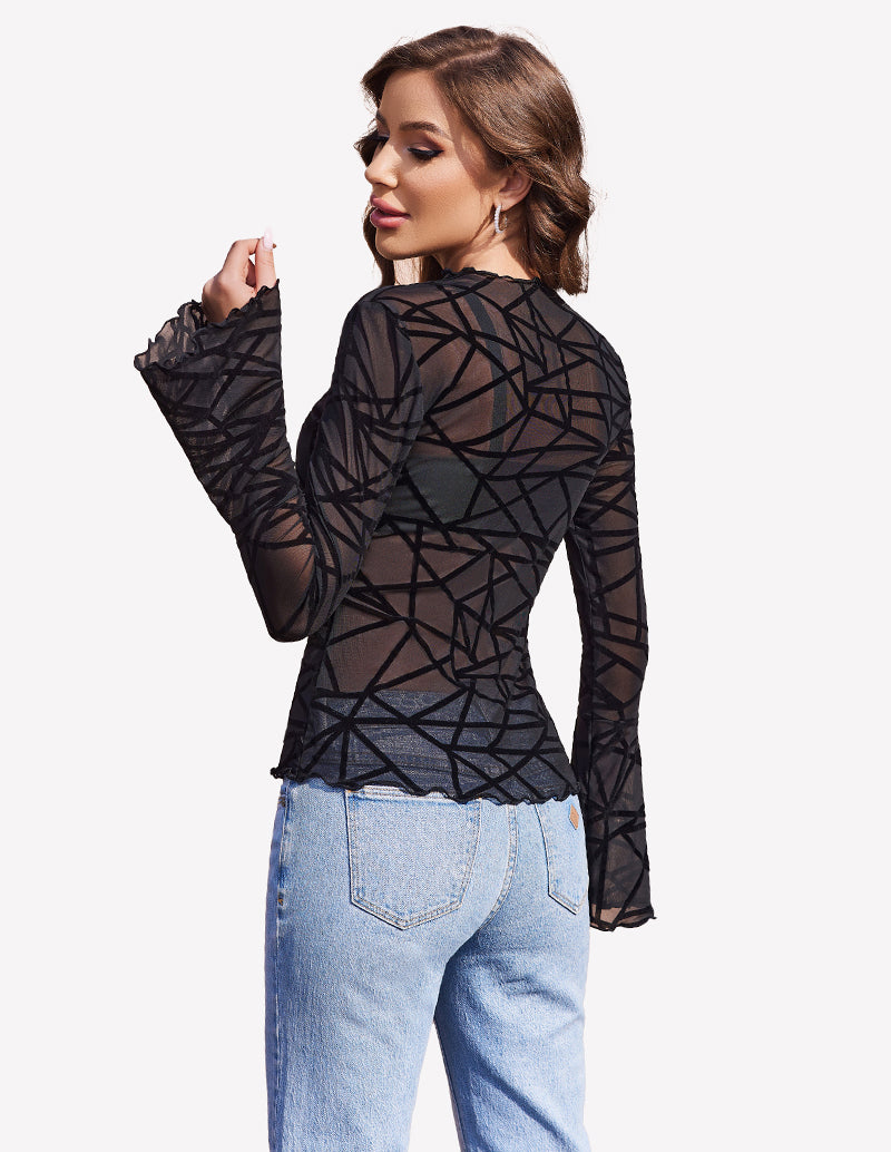 Black geo-pattern mesh long bell-sleeve top, back view with sheer sleeves