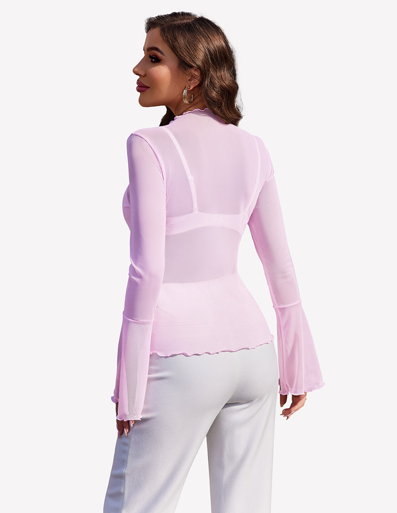 Pink mesh blouse with long bell sleeves and scalloped high neckline