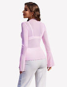 Pink mesh blouse with long bell sleeves and scalloped high neckline
