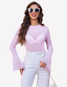 Light purple mesh long bell-sleeve top with V neckline and scalloped collar