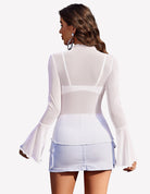 White mesh top with long bell sleeves and scalloped neckline
