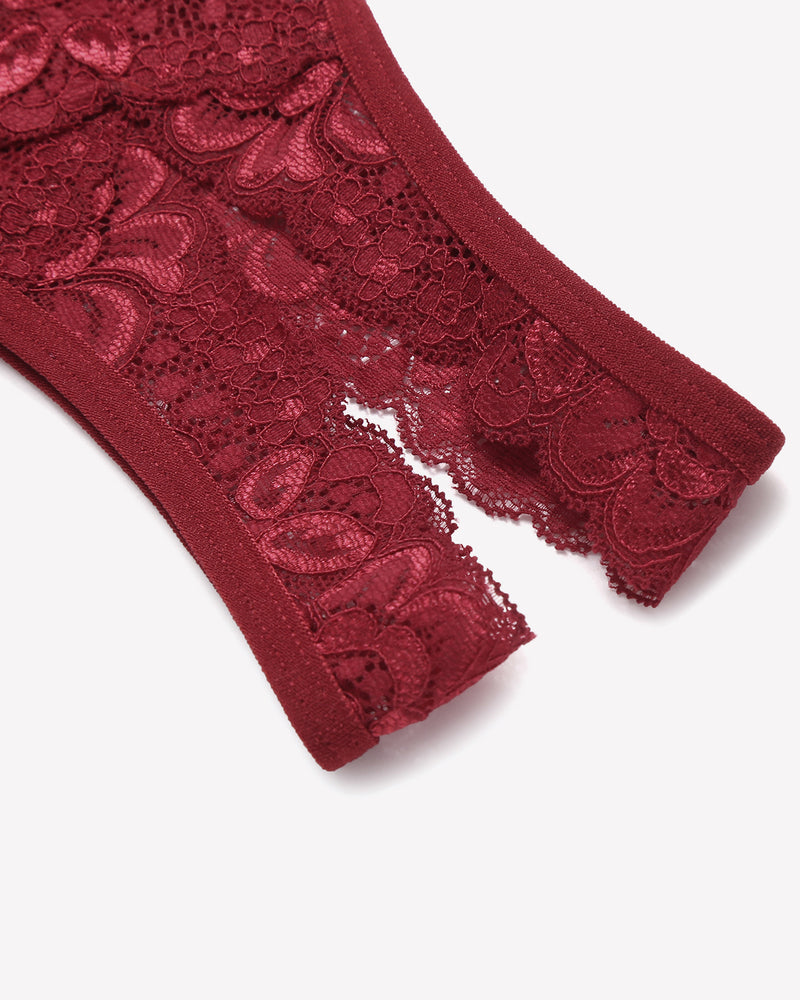 Lace V-shape cheeky panties in wine red, close-up of embroidered lace and scalloped hem