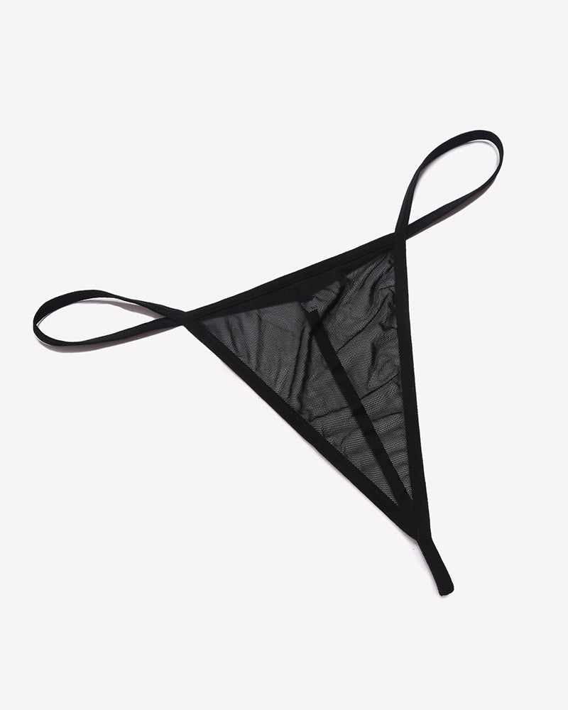 Black mesh thong with thin adjustable tie straps