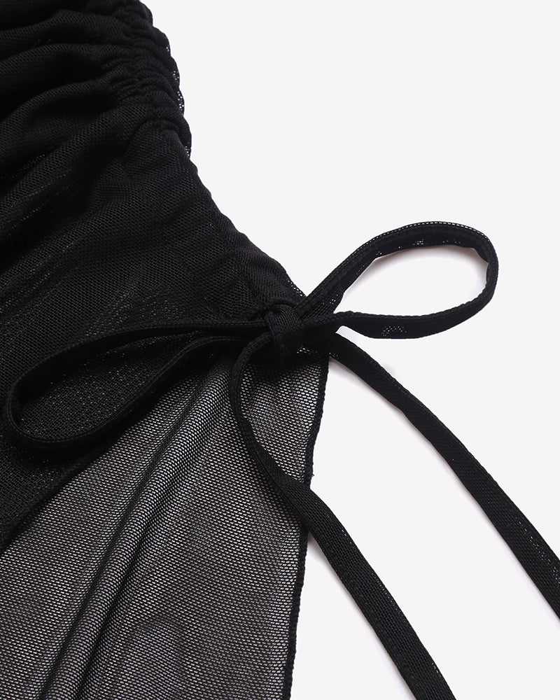 Black ruched mesh fabric with adjustable tie drawstring