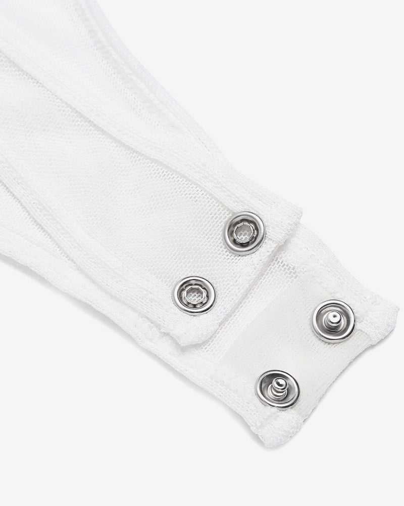White mesh bodysuit cuff with snap-button details