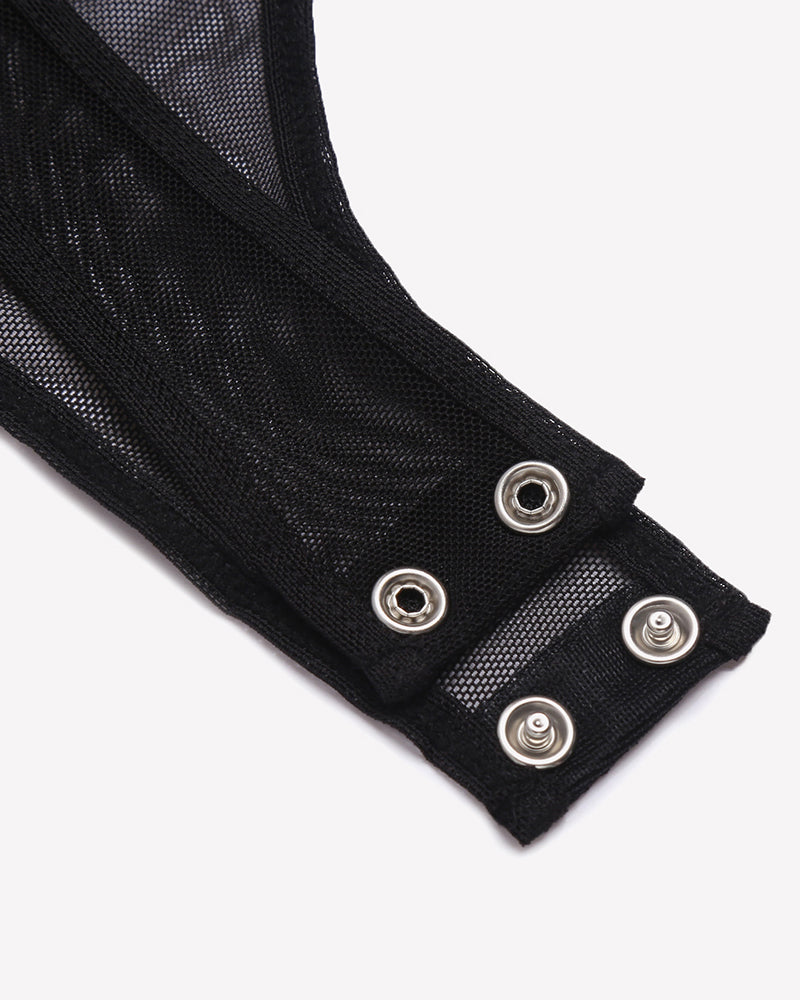 Black mesh bodysuit cuff with snap-button details