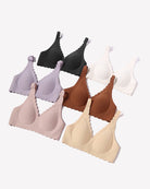 Wireless V-neck seamless full-coverage bras in assorted colors, scalloped trim front views