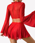 Sparkly sheer mesh crop top and mini skirt set, red, back view with sequins