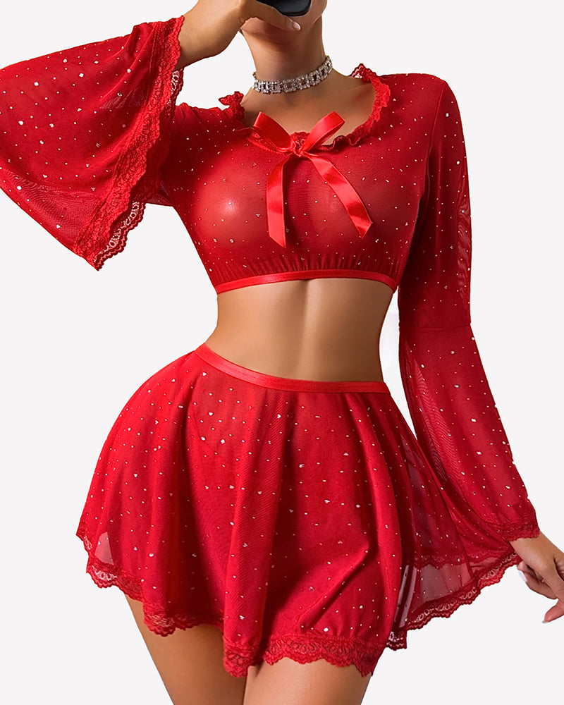 Sparkly sheer mesh crop top and mini skirt set, red, long bell sleeves with bow