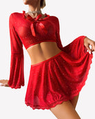 Sparkly sheer mesh crop top and mini skirt set, red, ribbon bow and lace trim