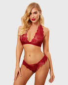 Red lace bra and panty set, V-neck bralette with matching lace thong briefs