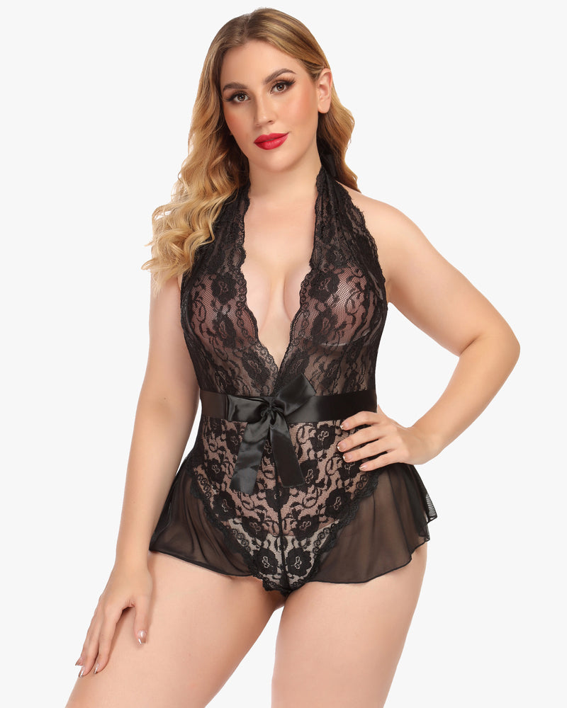 Black halter V-neck lace one-piece lingerie with satin bow at waist and mesh skirt