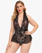 Black lace halter teddy with deep V-neck and satin ribbon waist bow.