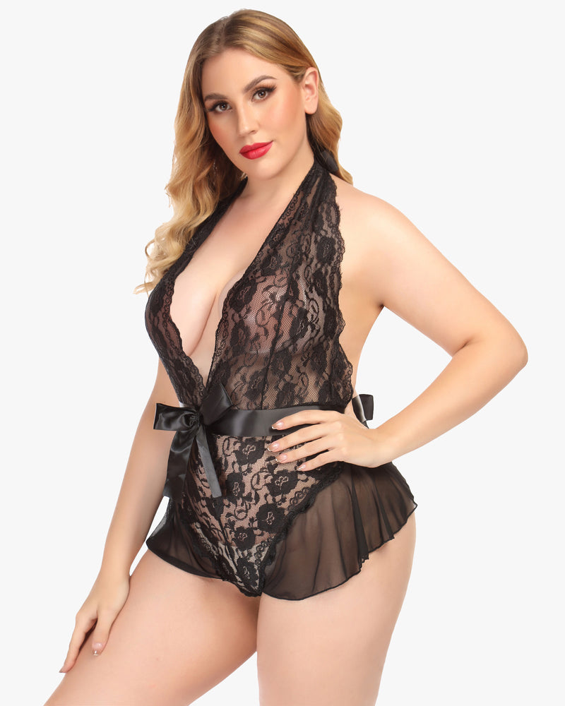 Black halter lace one-piece lingerie with V-neck and satin bow, sheer flounce