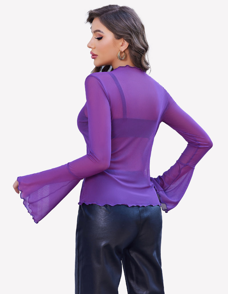 Purple sheer mesh top with long bell cuffs and scalloped neckline