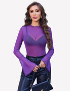 Purple mesh long bell sleeve blouse with scalloped high neckline