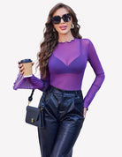 Purple mesh blouse with long bell sleeves and scalloped round neckline