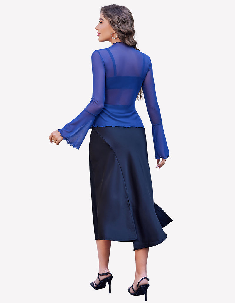 Blue mesh long bell sleeve top with scalloped neckline, side view