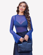 Blue sheer mesh blouse with long bell sleeves and scalloped neckline