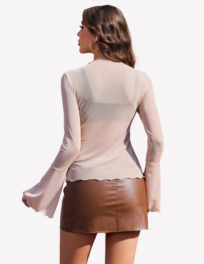Nude mesh long bell-sleeve blouse, fitted back with curved hem