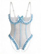 White floral lace teddy bodysuit with ice-blue ruffle trim and a matching bow.