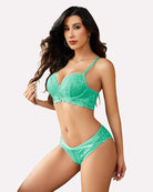 Light teal lace push-up bra and matching lace panty set with bow detail
