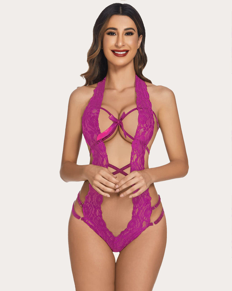 Purple lace deep V halter teddy one-piece with bow front and crisscross cutout details